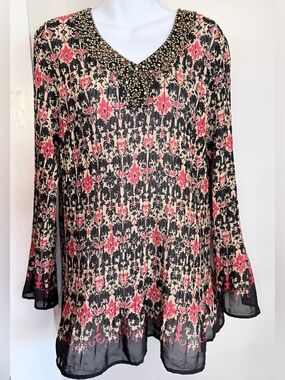 Fashion Bug Red Black baroque pattern long sleeve blouse 1X